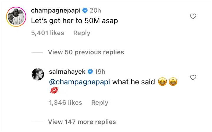 Drake's Comment on Salma Hayek's IG Post