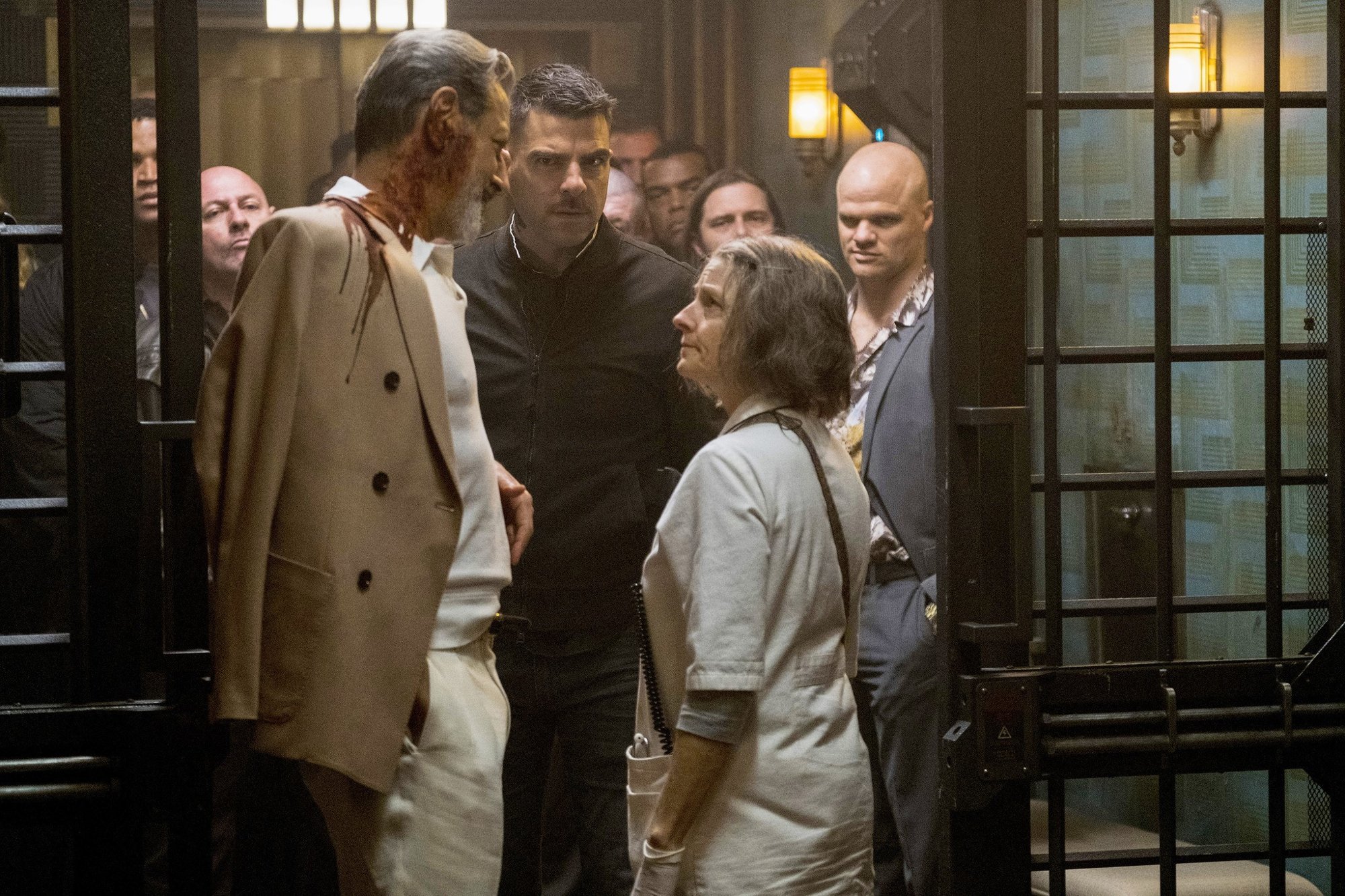 Jeff Goldblum, Zachary Quinto, Jodie Foster and Evan Jones in Lionsgate Films' Hotel Artemis (2018)