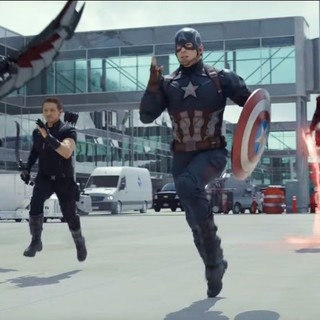Anthony Mackie, Jeremy Renner, Chris Evans, Elizabeth Olsen and Sebastian Stan in Marvel Studios' Captain America: Civil War (2016)