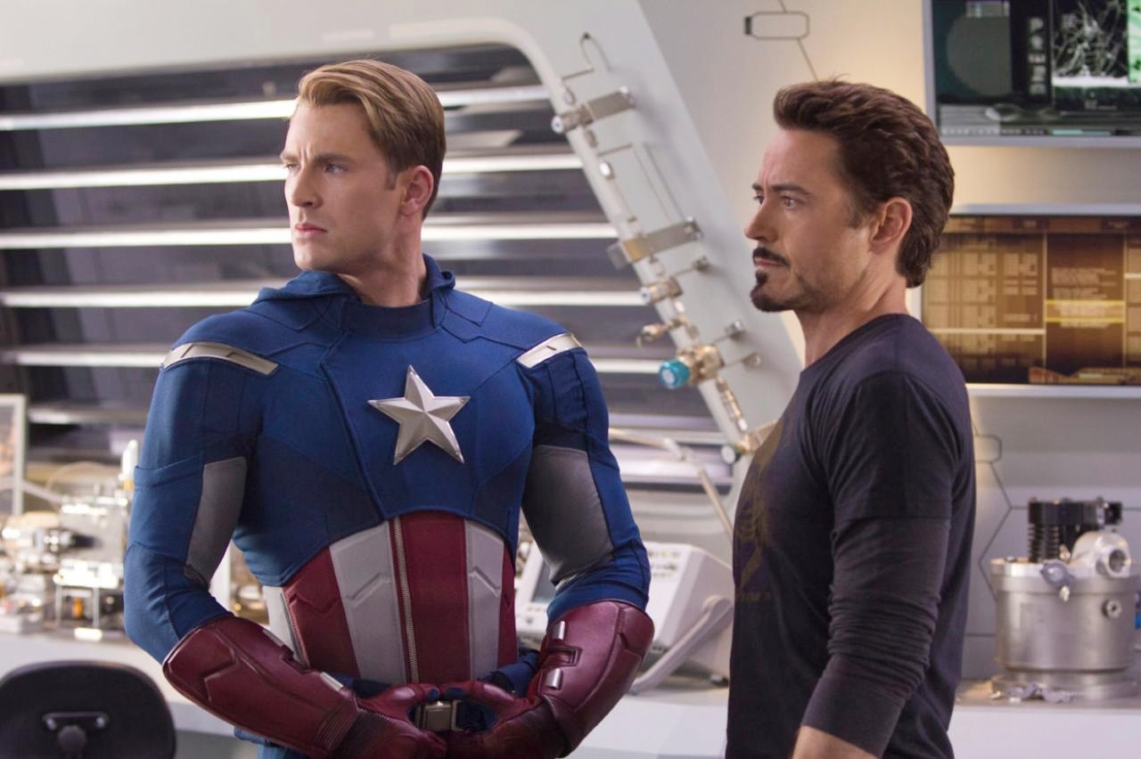 Chris Evans stars as Steve Rogers/Captain America and Robert Downey Jr. stars as Tony Stark/Iron Man in Walt Disney Pictures' The Avengers (2012)