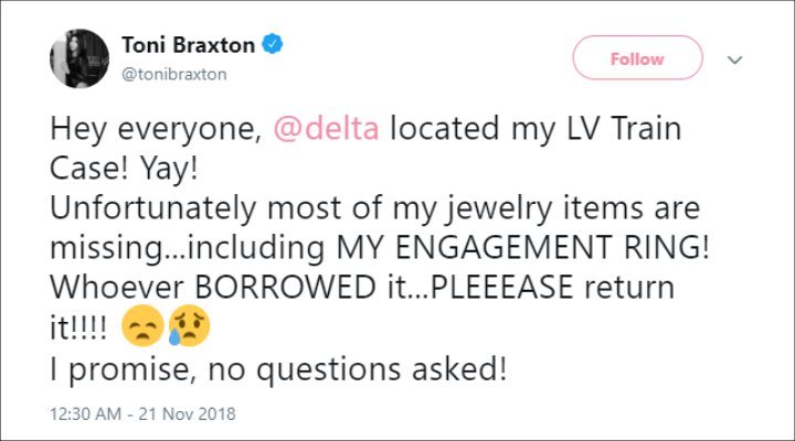 Toni Braxton's Twitter Post