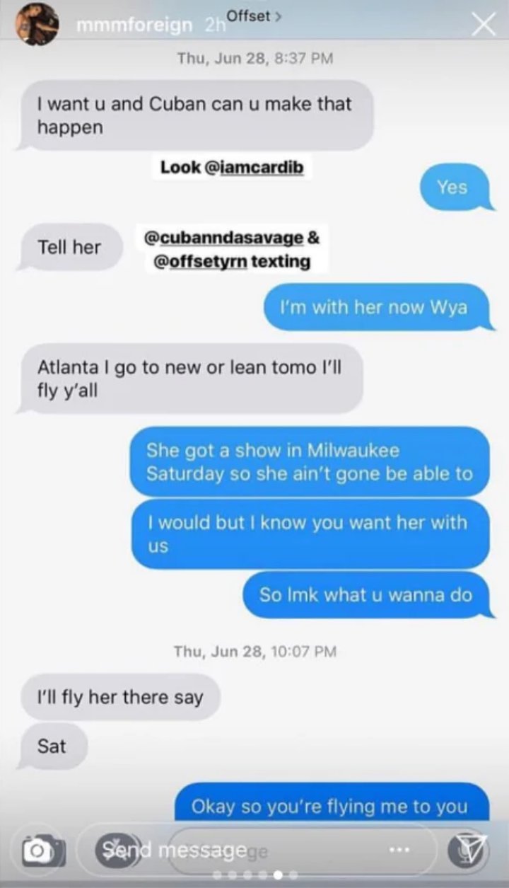 Screenshot of text messages between Offset and Cuban Doll's friend.