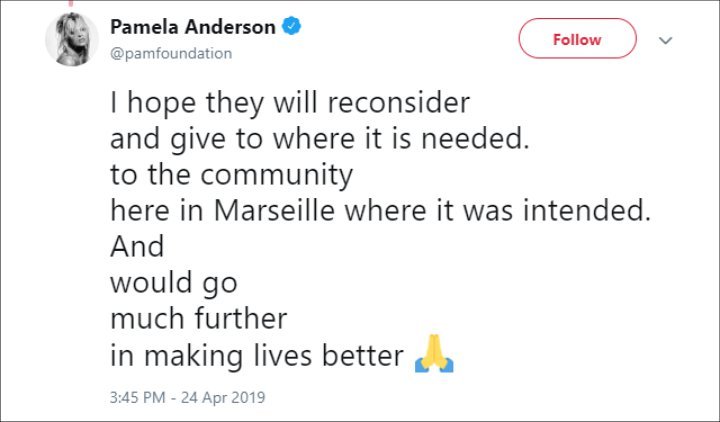 Pamela Anderson's Twitter Post.