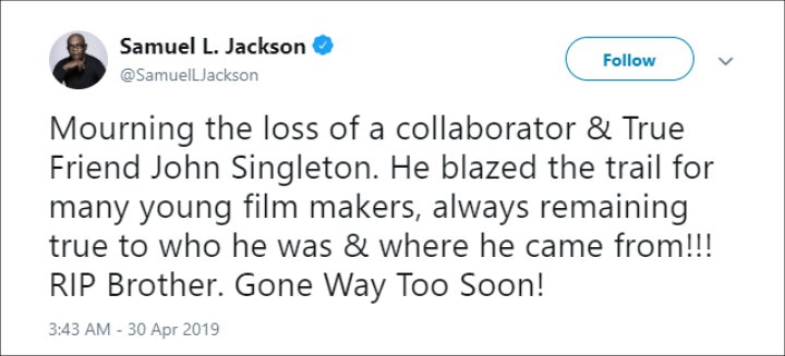 Samuel L. Jackson Mourns Death of John Singleton