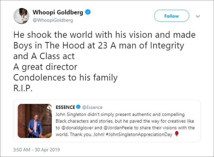Whoopi Goldberg Mourns Death of John Singleton