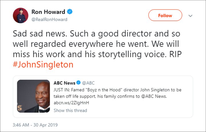 Ron Howard Mourns Death of John Singleton