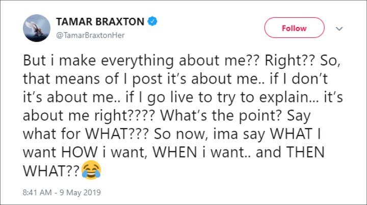 Tamar Braxton's Twitter post.