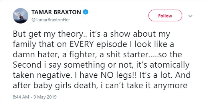 Tamar Braxton's Twitter post.