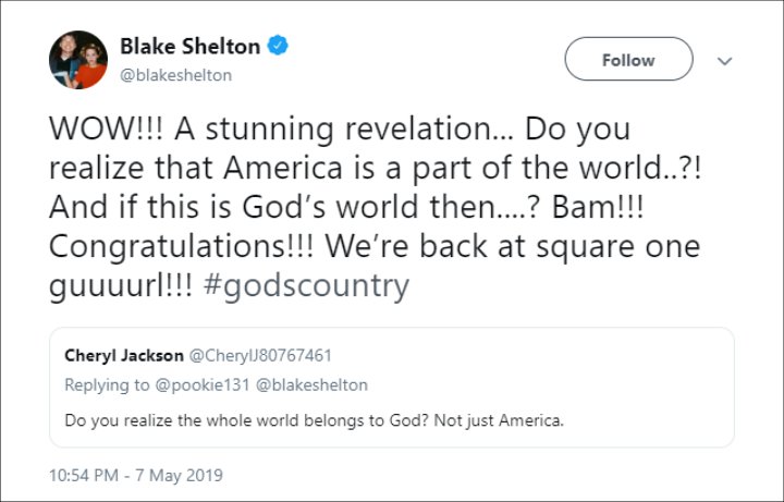 Blake Shelton Responds to a Fan's Tweet to Another User