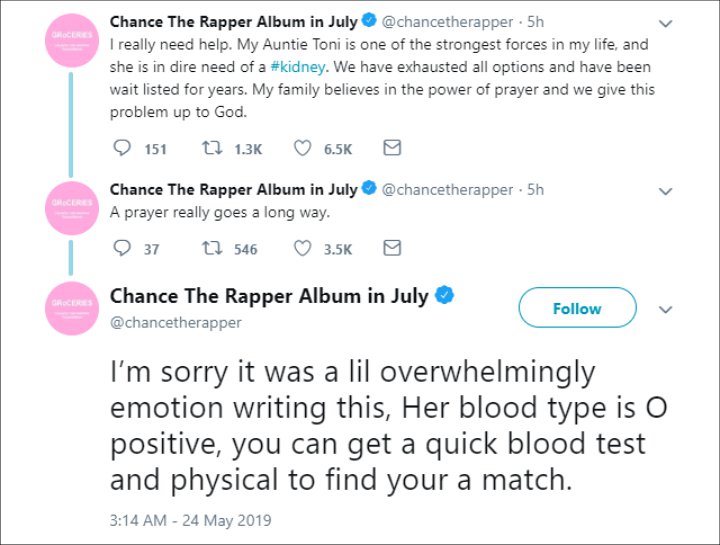 Chance The Rapper Begs Fans to Find Kidney Donation for Aunt