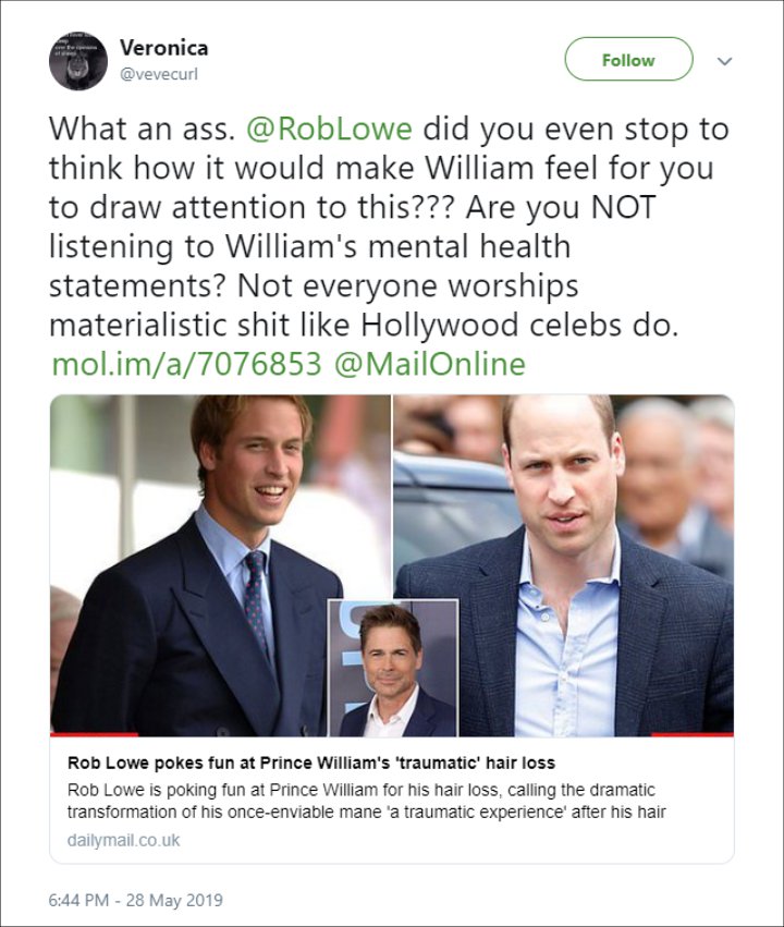 Rob Lowe faces backlash over his comment about Prince William's hair loss.