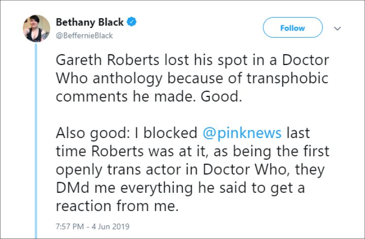 Bethany Black Reacts to Gareth Roberts' Removal From 'Doctor Who: The Target Story'
