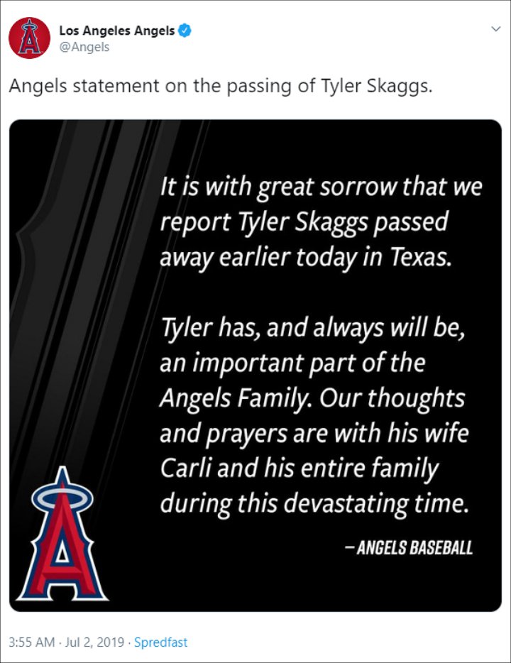 Los Angeles Angels Releases a Statement on Tyler Skaggs' Passing