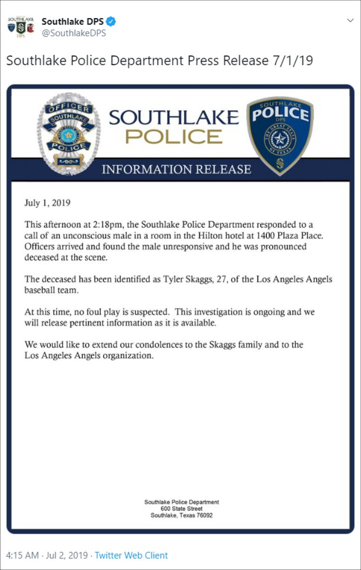 Southlake Police Department Confirms Tyler Skaggs' Death