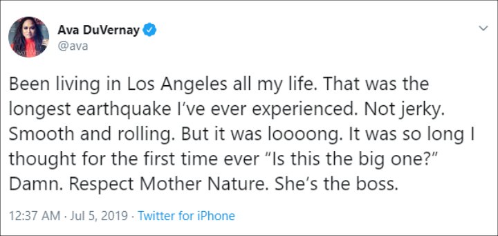Ava DuVernay Tweets About Southern California Earthquake