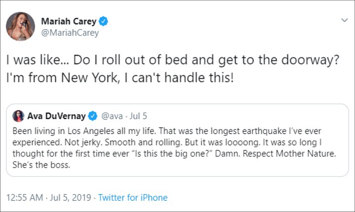 Mariah Carey Responds to Ava DuVernay's Tweet About Southern California Earthquake