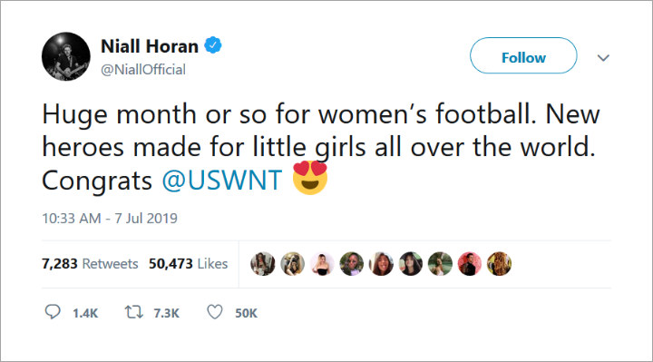 Niall Horan Lauds U.S. Women's Soccer Team for Winning 2019 World Cup