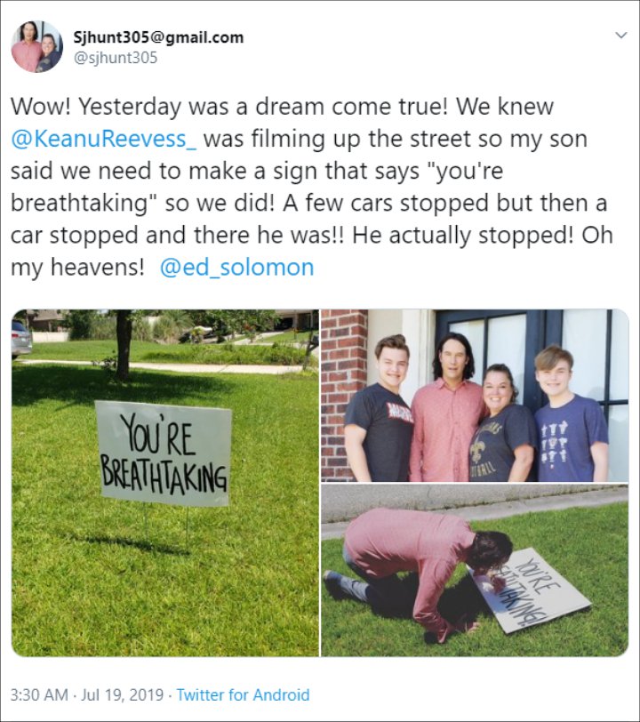 Keanu Reeves Surprises Fans With Sweet Message on a Yard Sign