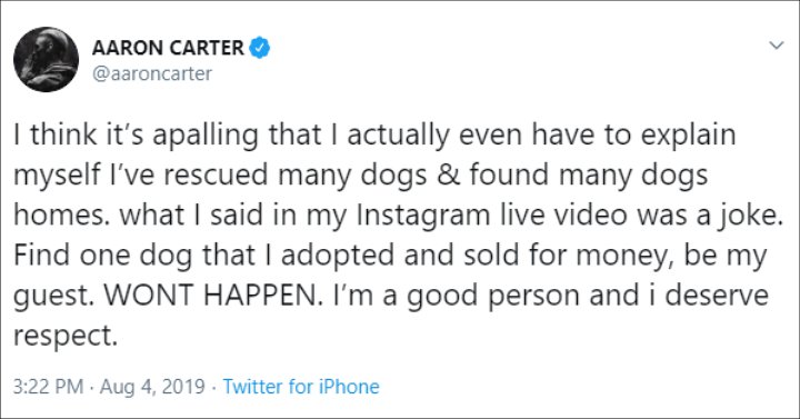 Aaron Carter Denies Selling a Rescue Dog for Money