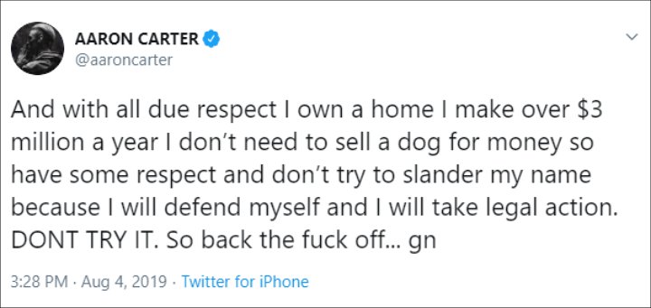 Aaron Carter Denies Selling a Rescue Dog for Money