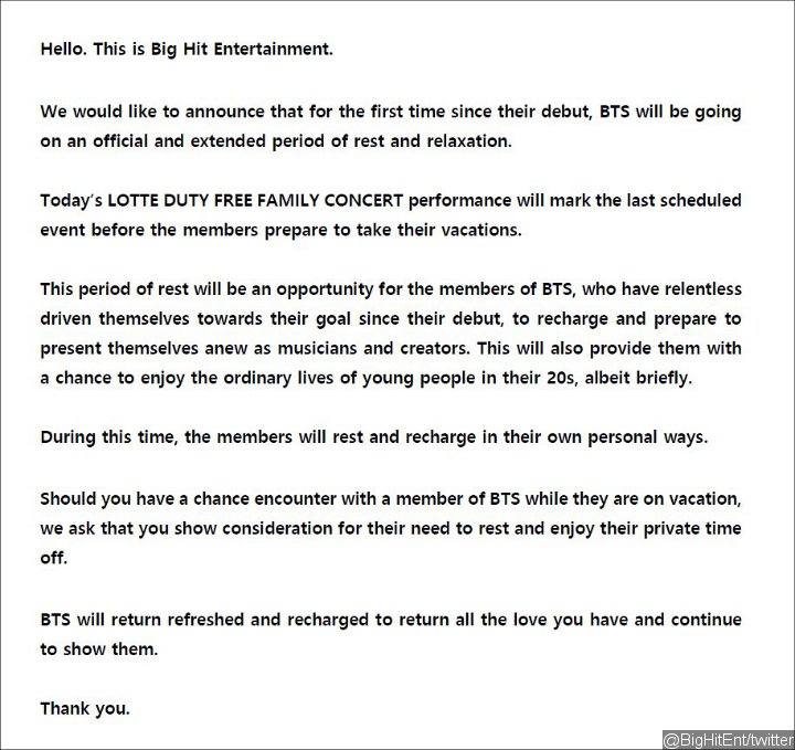 BTS' hiatus announcement.