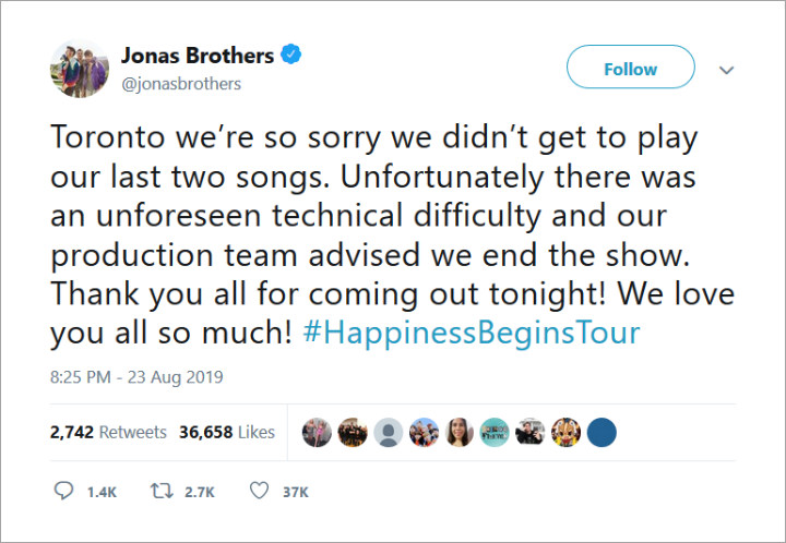 Jonas Brothers Apologize for Cutting Short Toronto Concert
