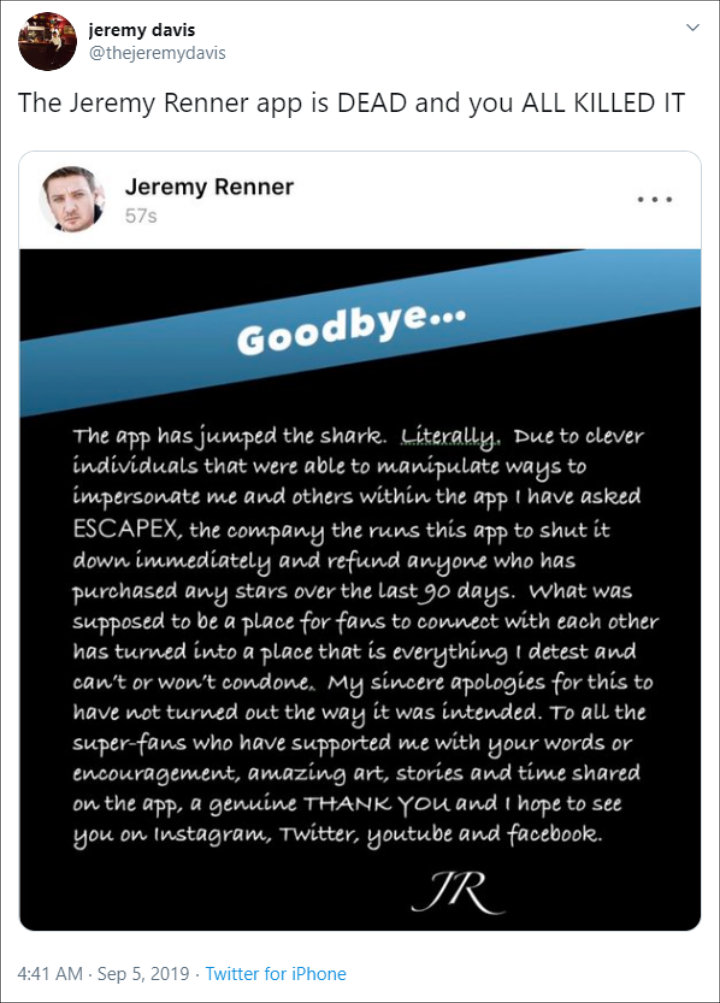 JJeremy Renner's Twitter post after shutting down app