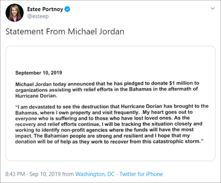 Michael Jordan donated $1 million for Hurricane Dorian victims