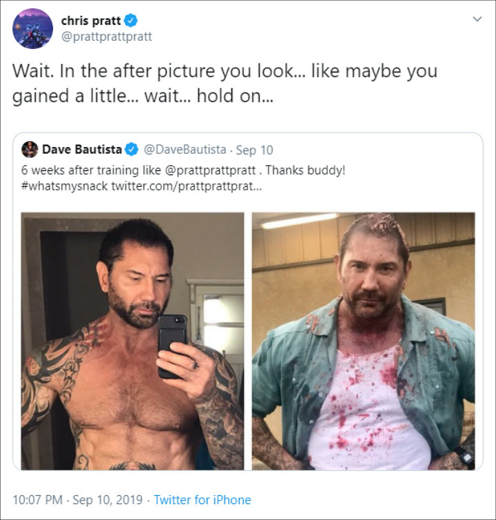 Chris Pratt and Dave Bautista Engaged in Hilarious Twitter Banter Over Training Regime