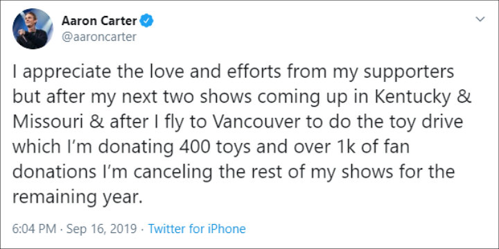 Aaron Carter cancels tour