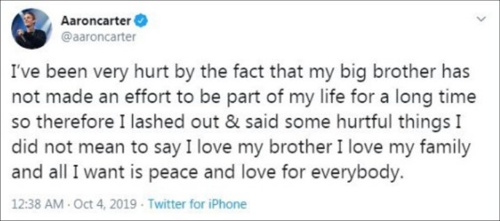 Aaron Carter Regrets Hurtful Accusation Towards Brother Nick Carter