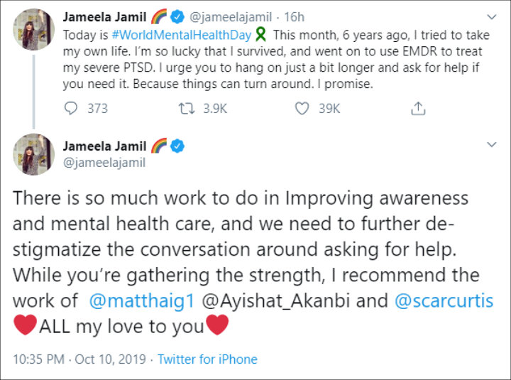 Jameela Jamil shares her experiences with mental health on Twitter