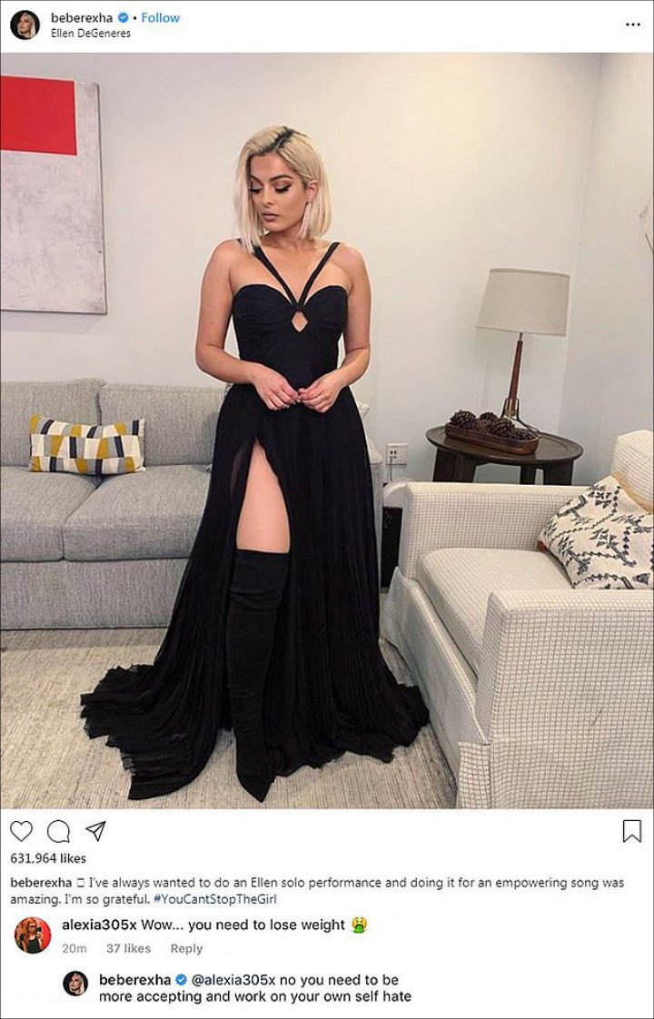 Bebe Rexha responds to hate comment