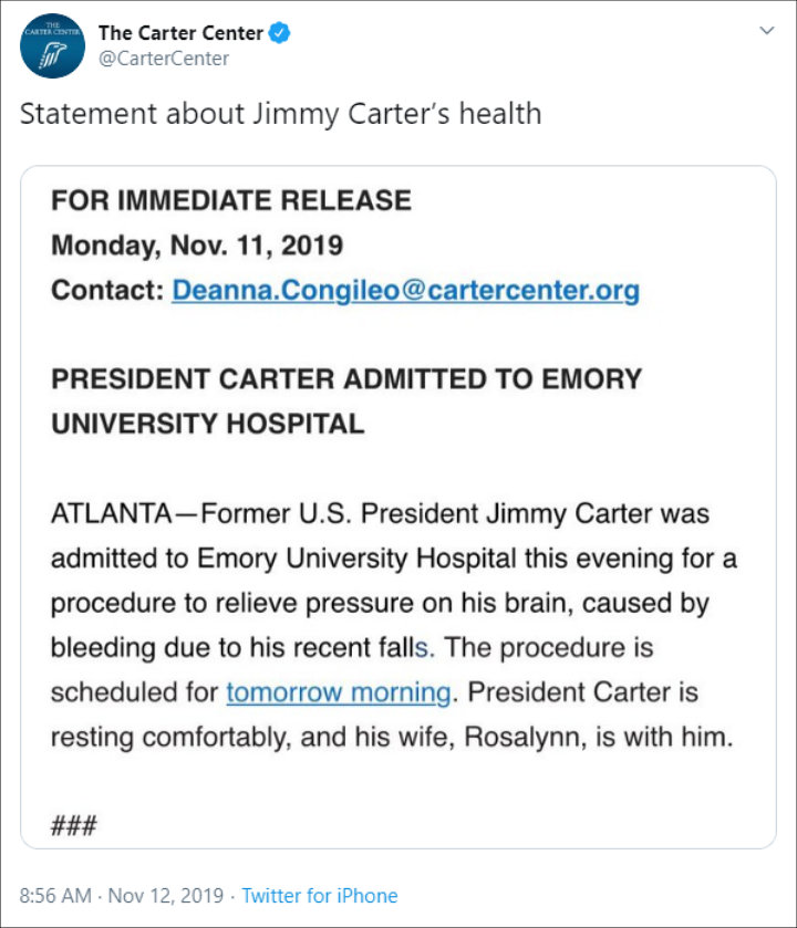 Official Statement on Jimmy Carter's Hospitalization
