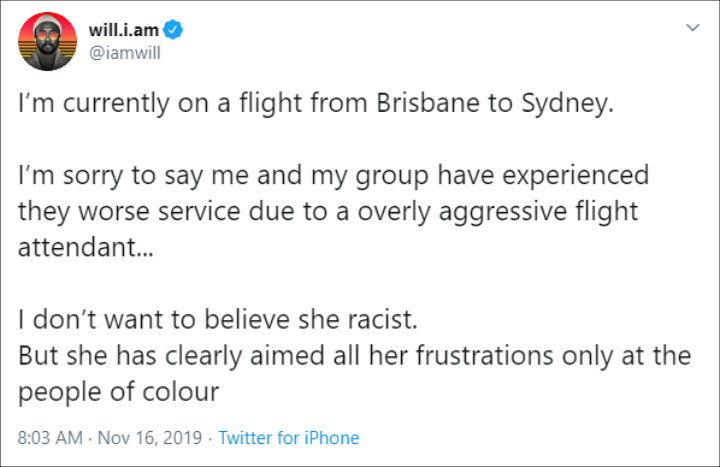 will.i.am Accuses Qantas Flight Attendant of Racist Rreatment.