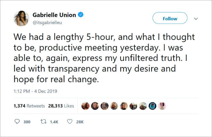 Gabrielle Union shared about NBC meeting