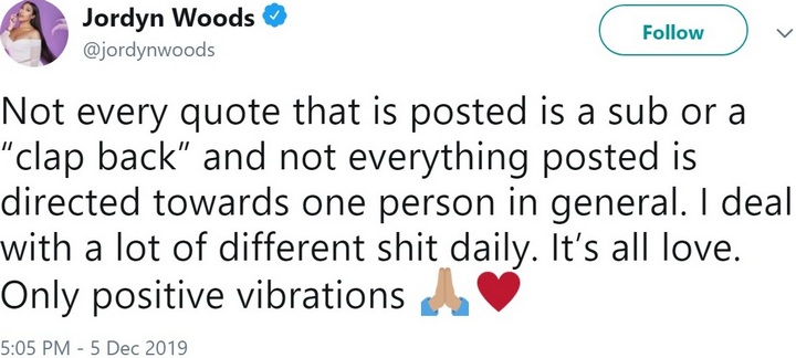 Jordyn Woods sets the record straight