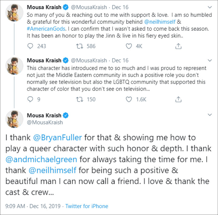 Mouska Kraish is fired from 'American Gods'