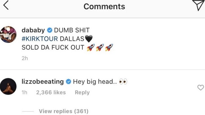 Lizzo left comment on DaBaby's Instagram page