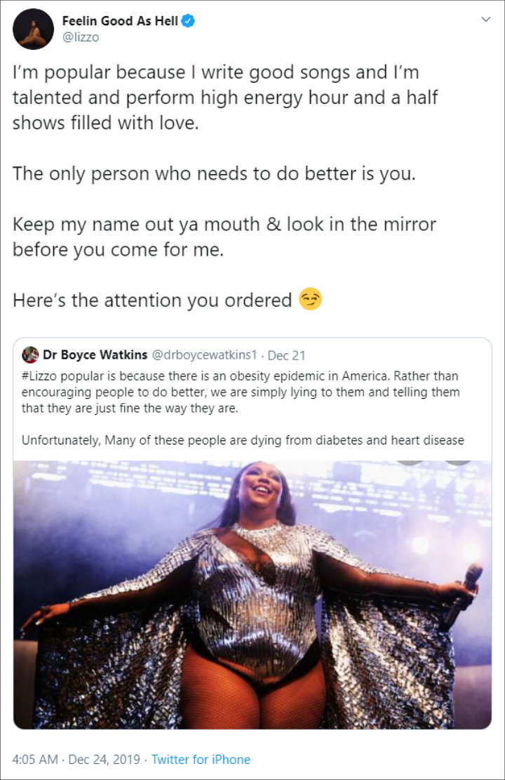 Lizzo Shuts Down Critic Claiming Her Popularity Is Due to Obesity Pandemic