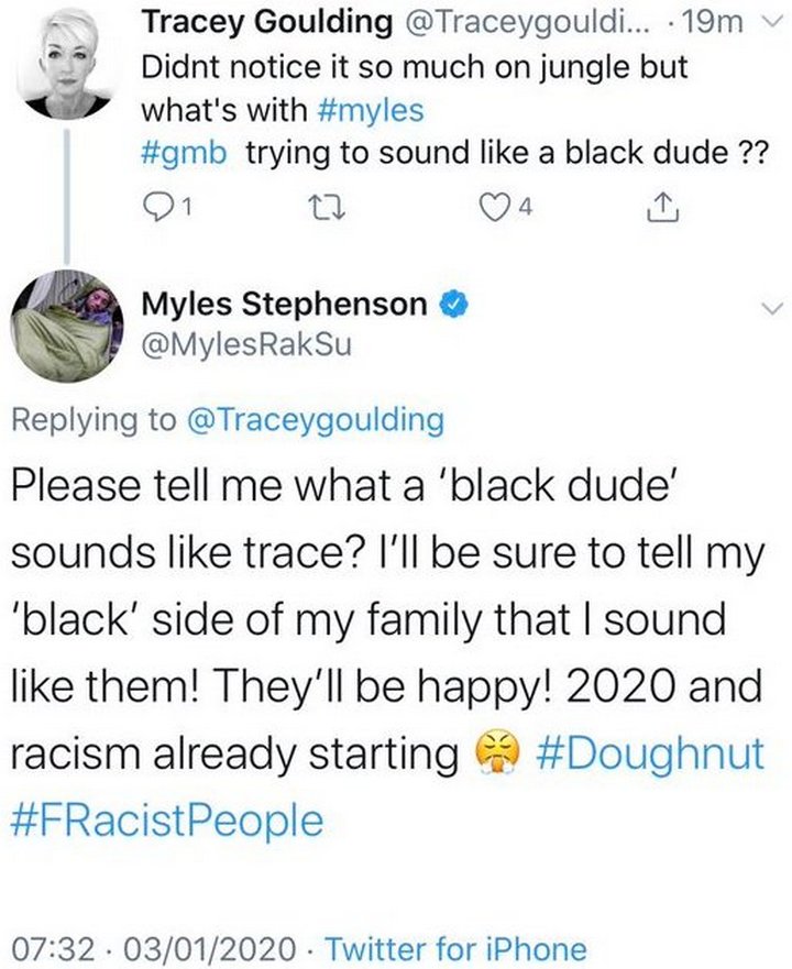 Myles Stephenson reacts to Tracey Goulding's tweet