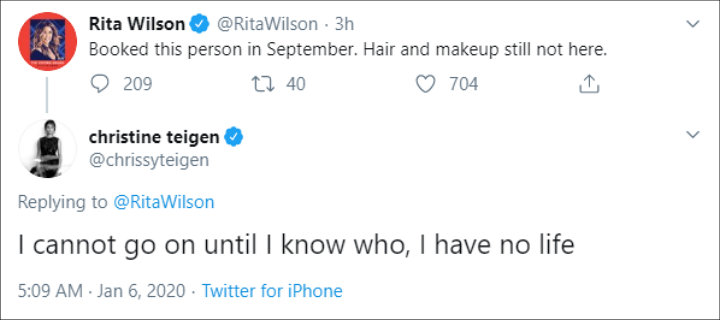 Chrissy Teigen Tries to Dig for More Info About Rita Wilson's No-Show Hair and Makeup Artist for Golden Globes 2020
