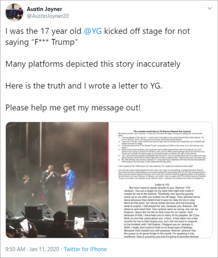 The guy who was kicked off stage by YG blasts him