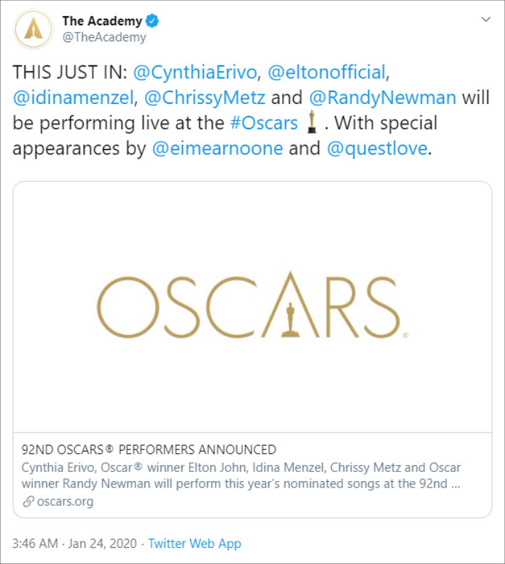 Oscar 2020's song performers