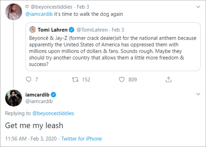 Cardi B Threatens to Put Tomi Lahren on a Leash for Slamming Beyonce and Jay-Z