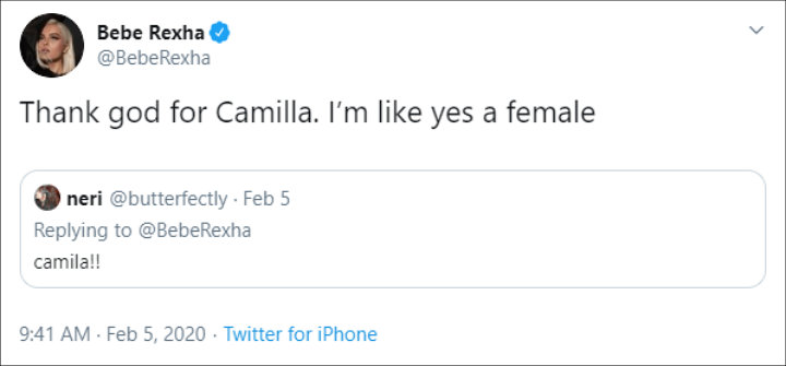Bebe Rexha gushed over Camila Cabello