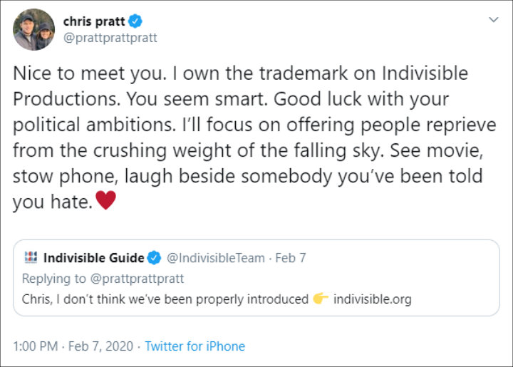 Chris Pratt Shoots Back at Political Organization Sharing His Production Company Name