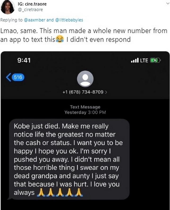 man reachng out to his ex following Kobe Bryant's death