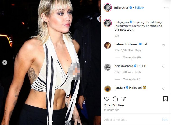 Miley Cyrus embraces wardrobe malfunction by posting nip slip pic on  Instagram