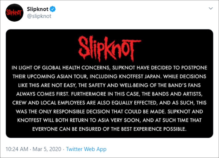 Slipknot cancels show due to Coronavirus